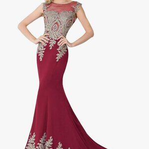 MisShow Women's Embroidery Lace Long Mermaid Formal Evening Prom Dresses,Red